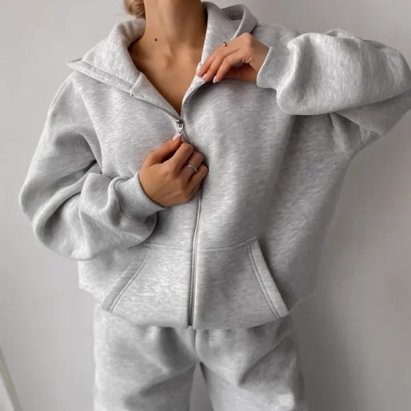 Women's suit solid color long-sleeved zip-up hoodie elastic drawstring pants two-piece set - 图片 3