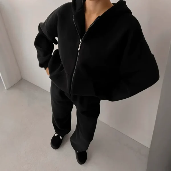 Women's suit solid color long-sleeved zip-up hoodie elastic drawstring pants two-piece set - 图片 4
