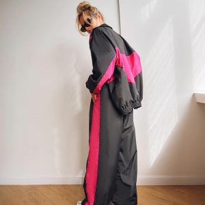 Casual suit fashionable loose color block long sleeve zipper cardigan contrast color top trousers sports suit