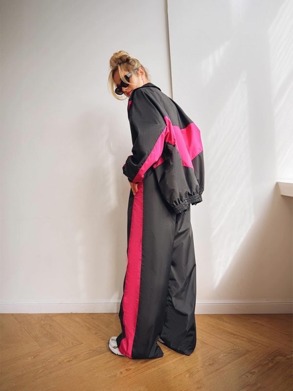 Casual suit fashionable loose color block long sleeve zipper cardigan contrast color top trousers sports suit