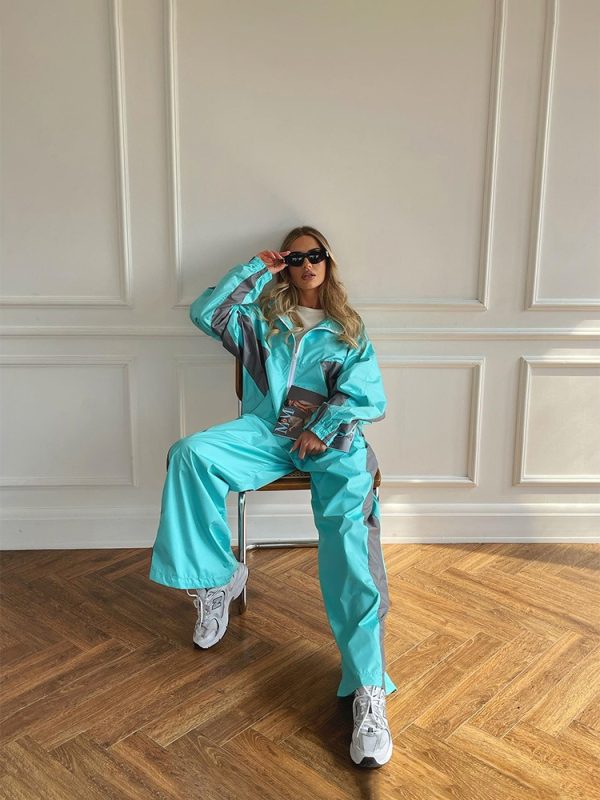 Casual suit fashionable loose color block long sleeve zipper cardigan contrast color top trousers sports suit - 图片 3