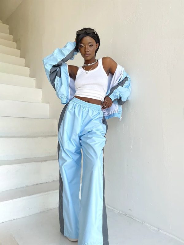 Casual suit fashionable loose color block long sleeve zipper cardigan contrast color top trousers sports suit - 图片 4
