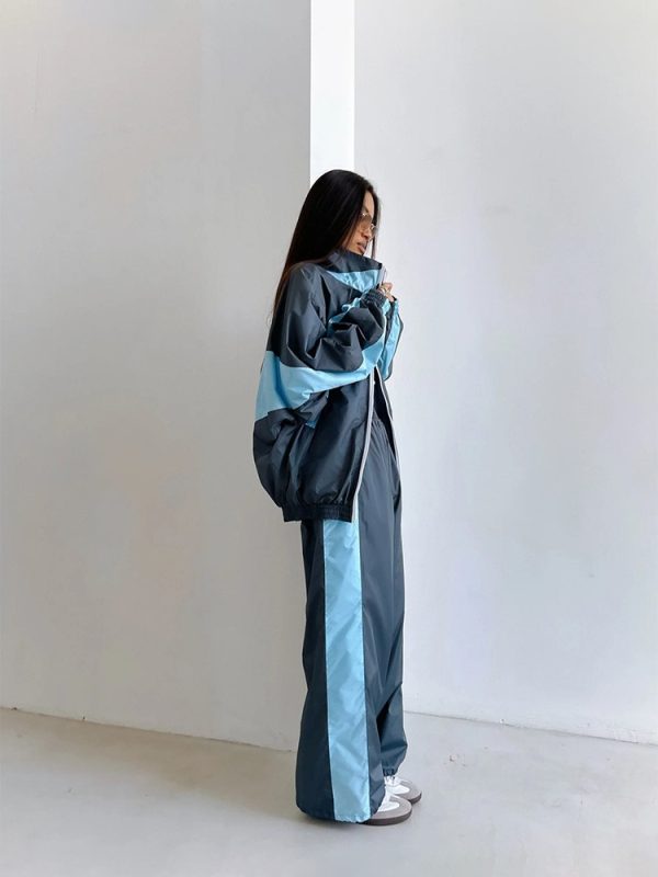 Casual suit fashionable loose color block long sleeve zipper cardigan contrast color top trousers sports suit - 图片 6