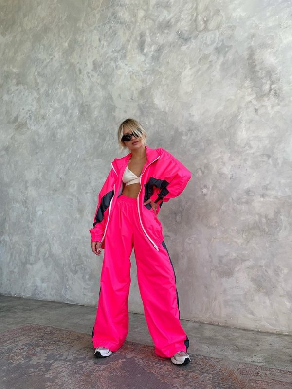 Casual suit fashionable loose color block long sleeve zipper cardigan contrast color top trousers sports suit - 图片 9