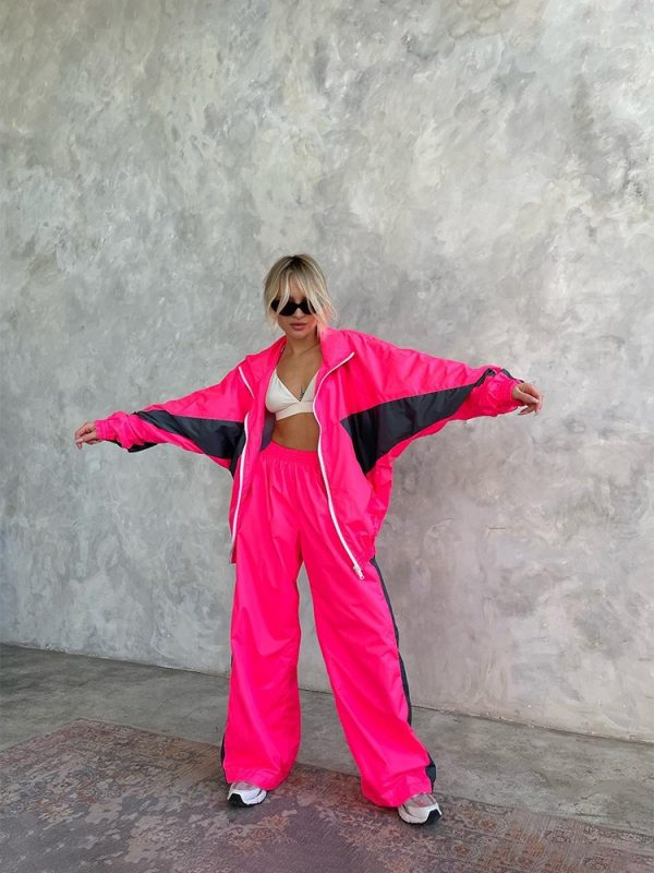 Casual suit fashionable loose color block long sleeve zipper cardigan contrast color top trousers sports suit - 图片 10