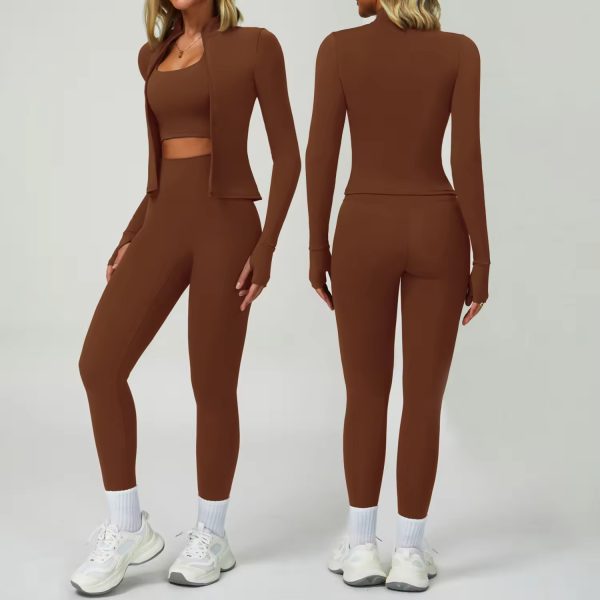 Women's Autumn and Winter Nude Yoga Clothes Fashion Zipper Sportswear Long Sleeve Running Fitness Sports Slim Fit Pants Set - 图片 4