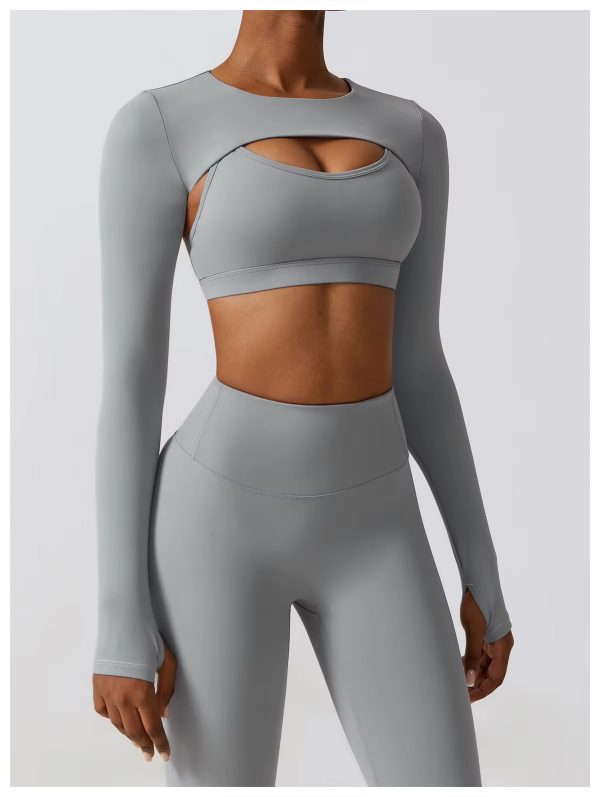 Autumn and winter new fashion gym wear women's tights crop tops 3 pieces seamless long sleeve fitness yoga set - 图片 3