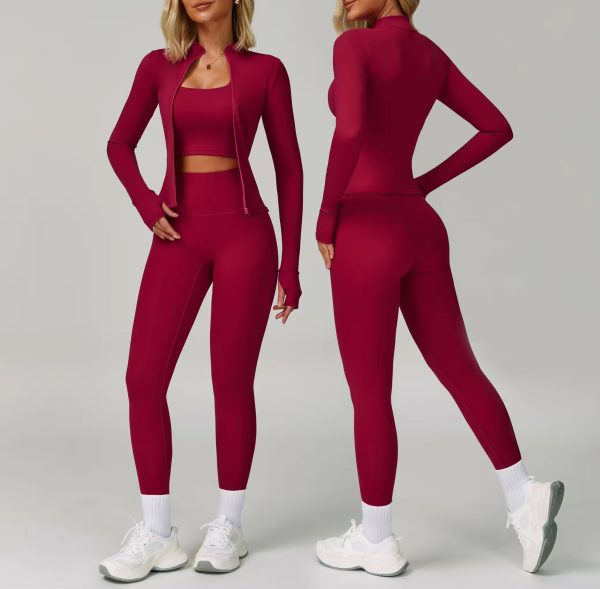 Women's Autumn and Winter Nude Yoga Clothes Fashion Zipper Sportswear Long Sleeve Running Fitness Sports Slim Fit Pants Set - 图片 5