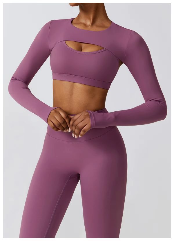 Autumn and winter new fashion gym wear women's tights crop tops 3 pieces seamless long sleeve fitness yoga set - 图片 5