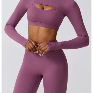 Autumn and winter new fashion gym wear women's tights crop tops 3 pieces seamless long sleeve fitness yoga set