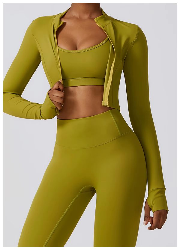 Autumn and winter new fashion gym wear women's tights crop tops 3 pieces seamless long sleeve fitness yoga set - 图片 4