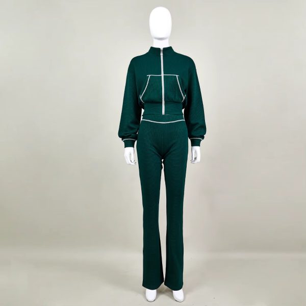 2-Piece Women's Activewear Waffle Knit Zip-Up Sweatshirt with Flared Pants Casual Activewear for Women's Workout - 图片 3