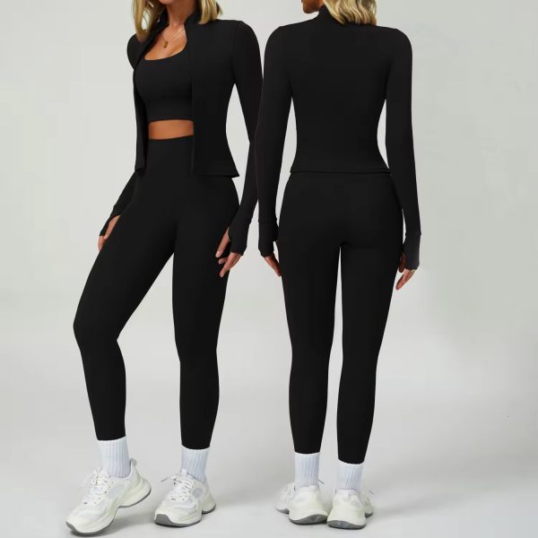 Women's Autumn and Winter Nude Yoga Clothes Fashion Zipper Sportswear Long Sleeve Running Fitness Sports Slim Fit Pants Set - 图片 3
