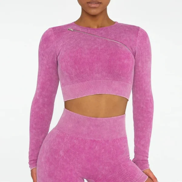 Yoga suit set with zipper sports bra, long-sleeved top, beautiful back, high waist, hip-lifting yoga pants