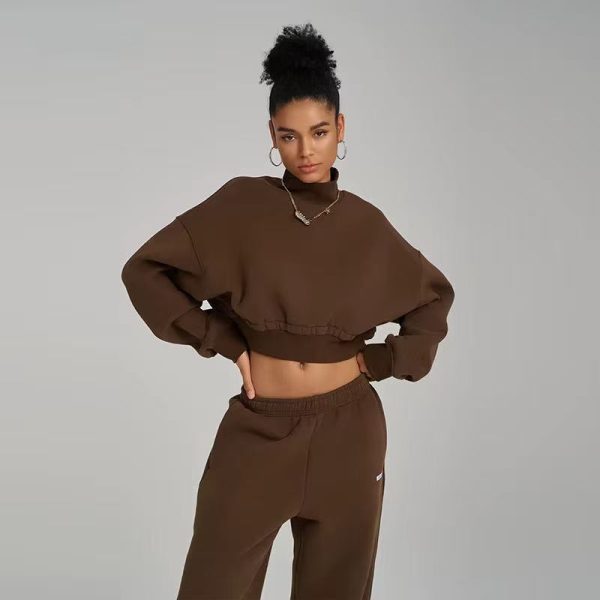 Sportswear apparel manufacturer custom turtleneck sweatshirt set wholesale two-piece cropped hoodie and sweatpants set for women - 图片 2