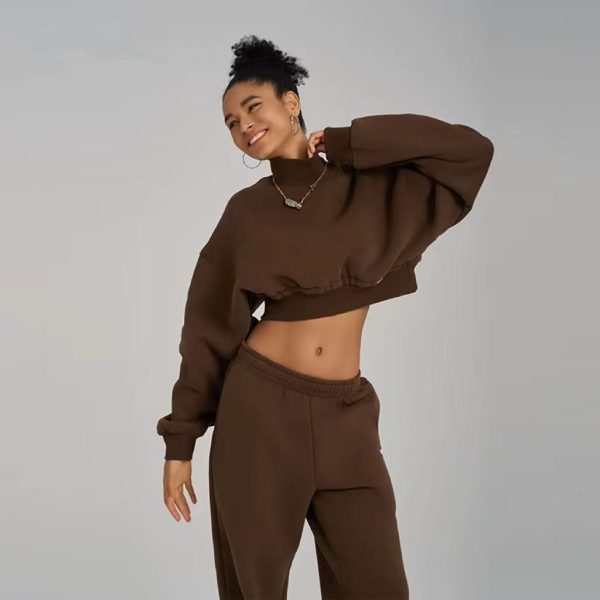 Sportswear apparel manufacturer custom turtleneck sweatshirt set wholesale two-piece cropped hoodie and sweatpants set for women - 图片 5
