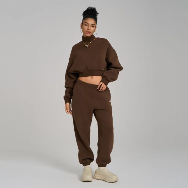 Sportswear apparel manufacturer custom turtleneck sweatshirt set wholesale two-piece cropped hoodie and sweatpants set for women