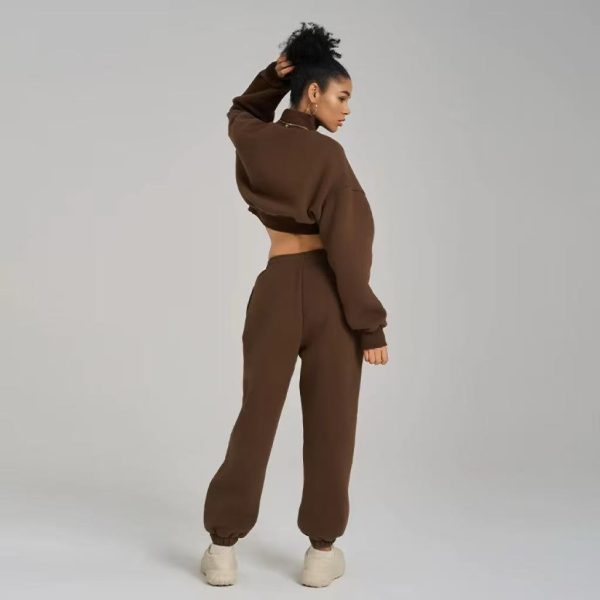 Sportswear apparel manufacturer custom turtleneck sweatshirt set wholesale two-piece cropped hoodie and sweatpants set for women - 图片 3