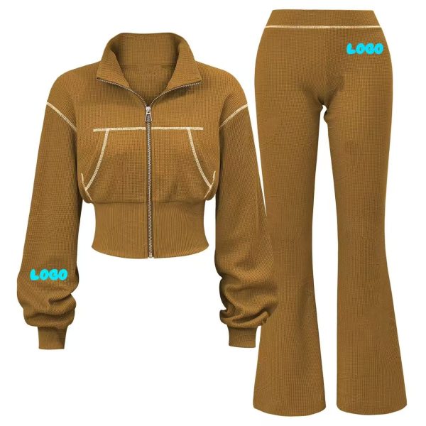 2-Piece Women's Activewear Waffle Knit Zip-Up Sweatshirt with Flared Pants Casual Activewear for Women's Workout - 图片 9