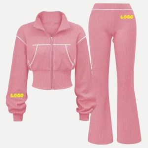 2-Piece Women's Activewear Waffle Knit Zip-Up Sweatshirt with Flared Pants Casual Activewear for Women's Workout