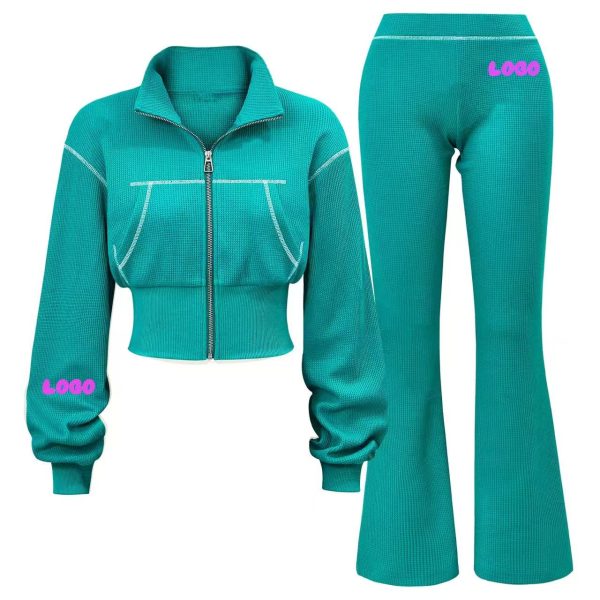 2-Piece Women's Activewear Waffle Knit Zip-Up Sweatshirt with Flared Pants Casual Activewear for Women's Workout - 图片 7