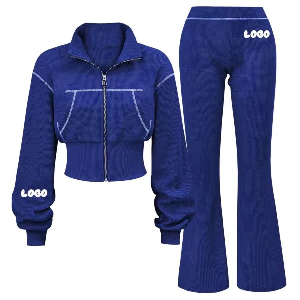 2-Piece Women's Activewear Waffle Knit Zip-Up Sweatshirt with Flared Pants Casual Activewear for Women's Workout - 图片 6