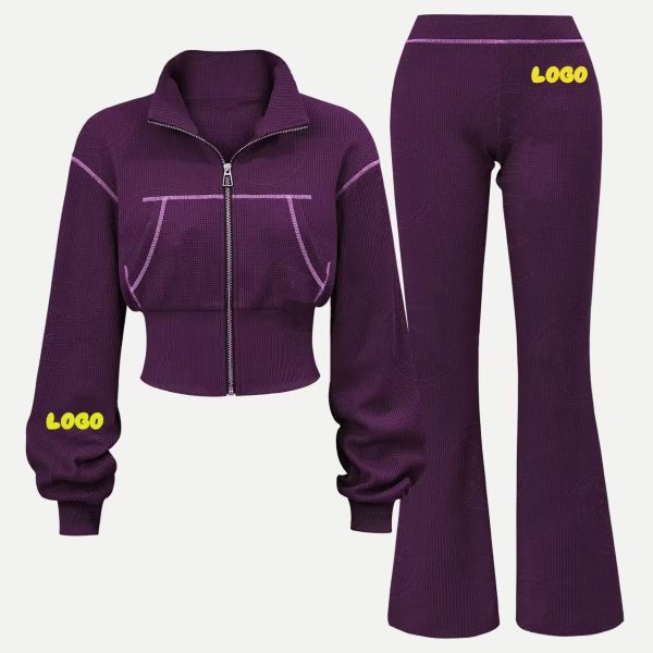 2-Piece Women's Activewear Waffle Knit Zip-Up Sweatshirt with Flared Pants Casual Activewear for Women's Workout - 图片 5
