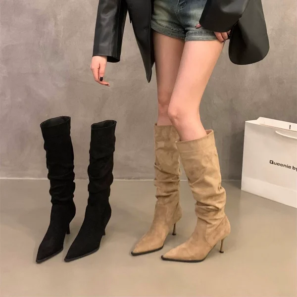High-heeled pointed-toe khaki suede long boots women's shoes for Spring and autumn 2025, slender long ankle knight boots