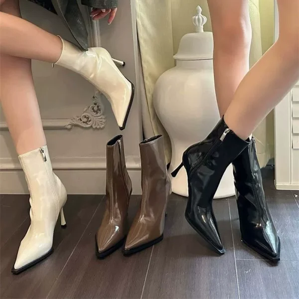 High-heeled pointed-toe ankle boots, new autumn and winter style European and American thin-heeled patchwork nude boots, slim boots, retro brown ankle boots