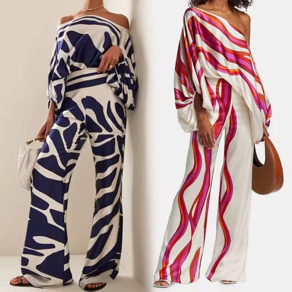 Printed Two Piece Set Chic Off Shoulder Batwing Sleeve Blouse with Comfortable Wide Leg Pants Women's Suit