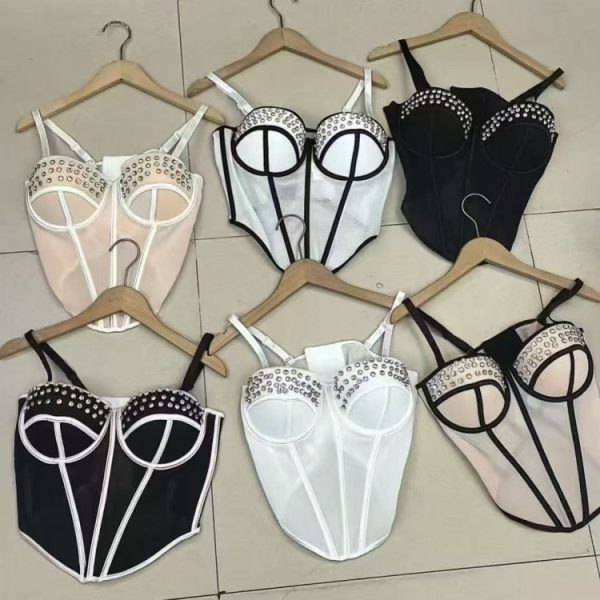 Trendy Crystal Tassel Corset Top, Bold Color Contrast Slimming Strapless Bralette with Padded Bust Support, Sexy Fishbone Top